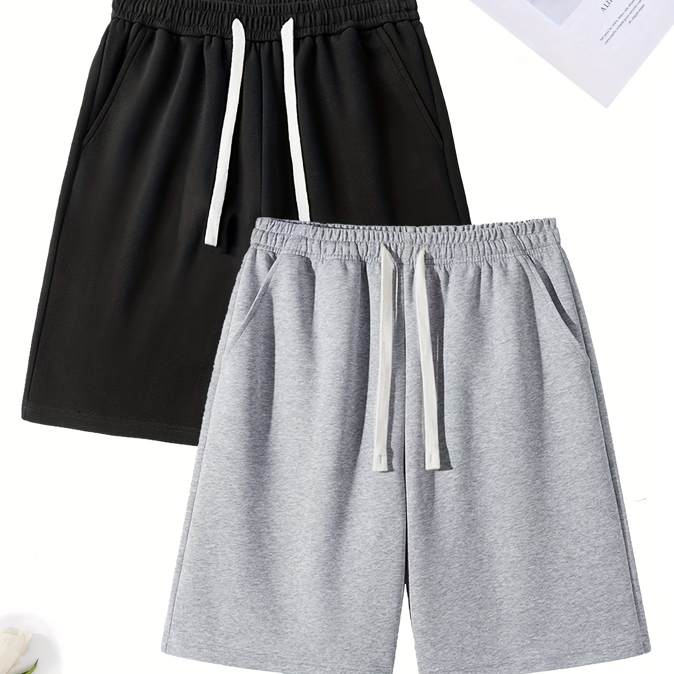 E-shop 2-teiliges Herren Sommer Neues Locker Geschnittenes Freizeit Sportshorts, Gym Shorts, Elastischer Bund mit Kordelzug, Verstellbare Spannung,