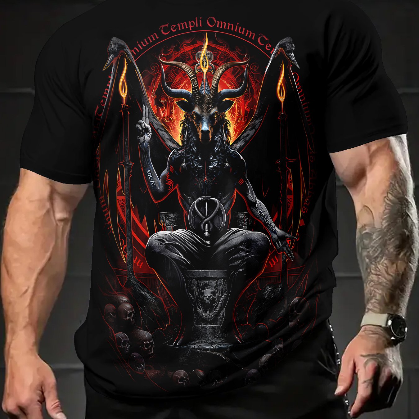 TEMU [printed Design - Not Textured] American Baphomet Goat Head Demon Short Sleeve T-shirt, Summer Men's Loose Half Sleeve