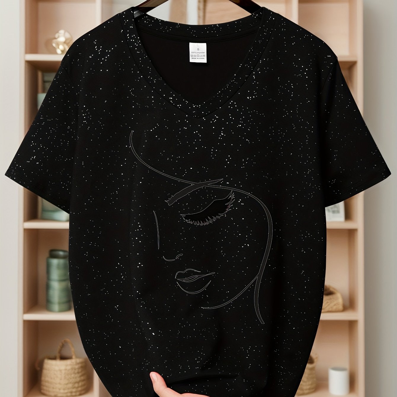 TEMU New Summer Collection: Women's Fashion Y Trendy V-neck Short Sleeve T-shirt Scattered Sequins, Versatile Streetwear Brand Short Sleeve Tee