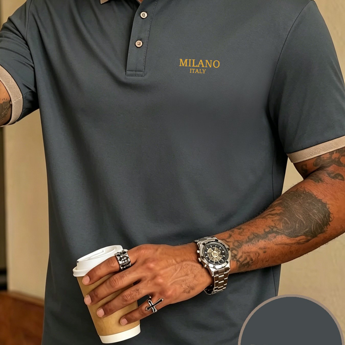 TEMU Men's Moisture-wicking Shirt With , Italy Element Print, 210g Knitted Fabric, Short Sleeve Golf , Dual-use For Business And Casual, Comfortable,