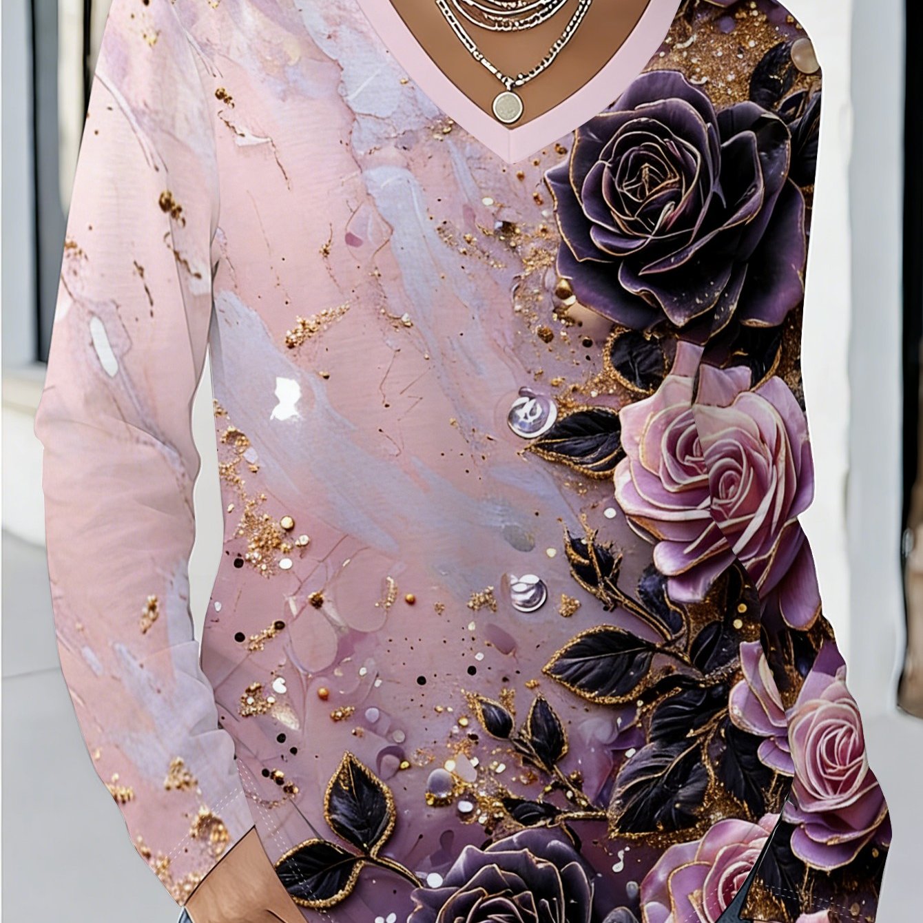 TEMU Plus Size, Plus Size Women's V-neck Long Sleeve Gilded Dark Purple Rose Watercolor Texture Glitter Light Luxury Long Sleeve T-shirt