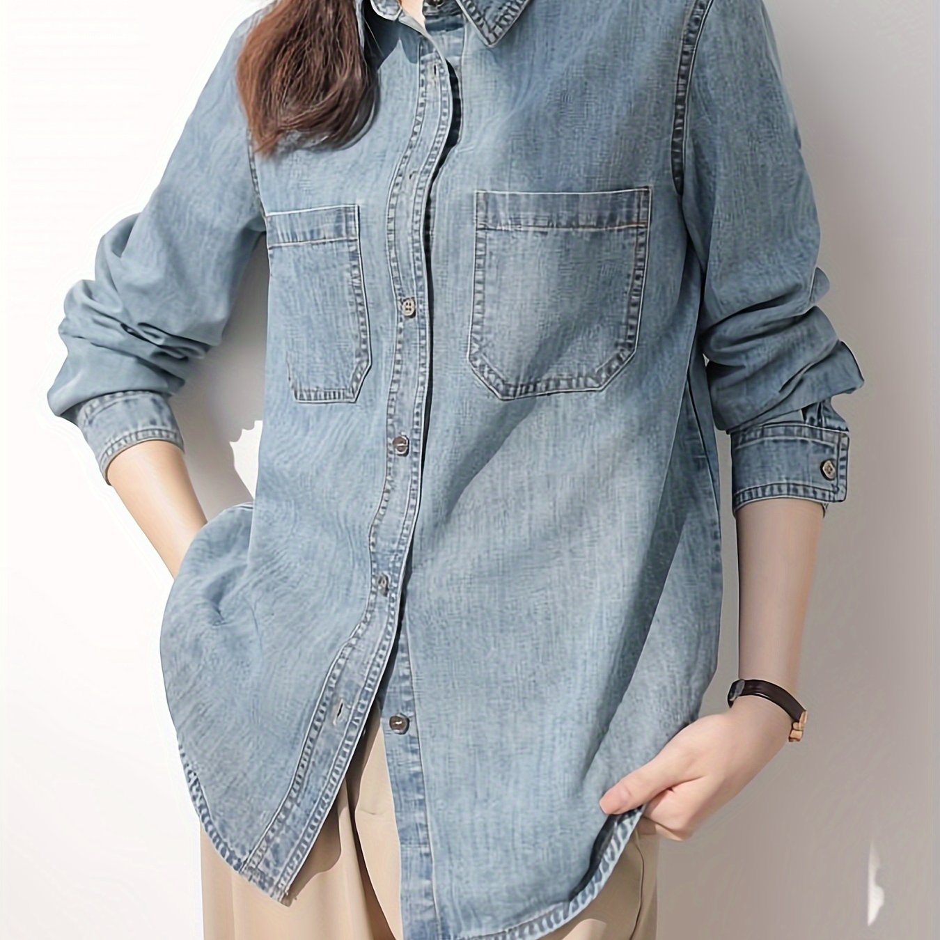 TEMU Plain Washed Blue Casual Long Sleeve Chest Patch Pocket Denim Shirts Top, Women's Denim Jeans & Clothing For Fall