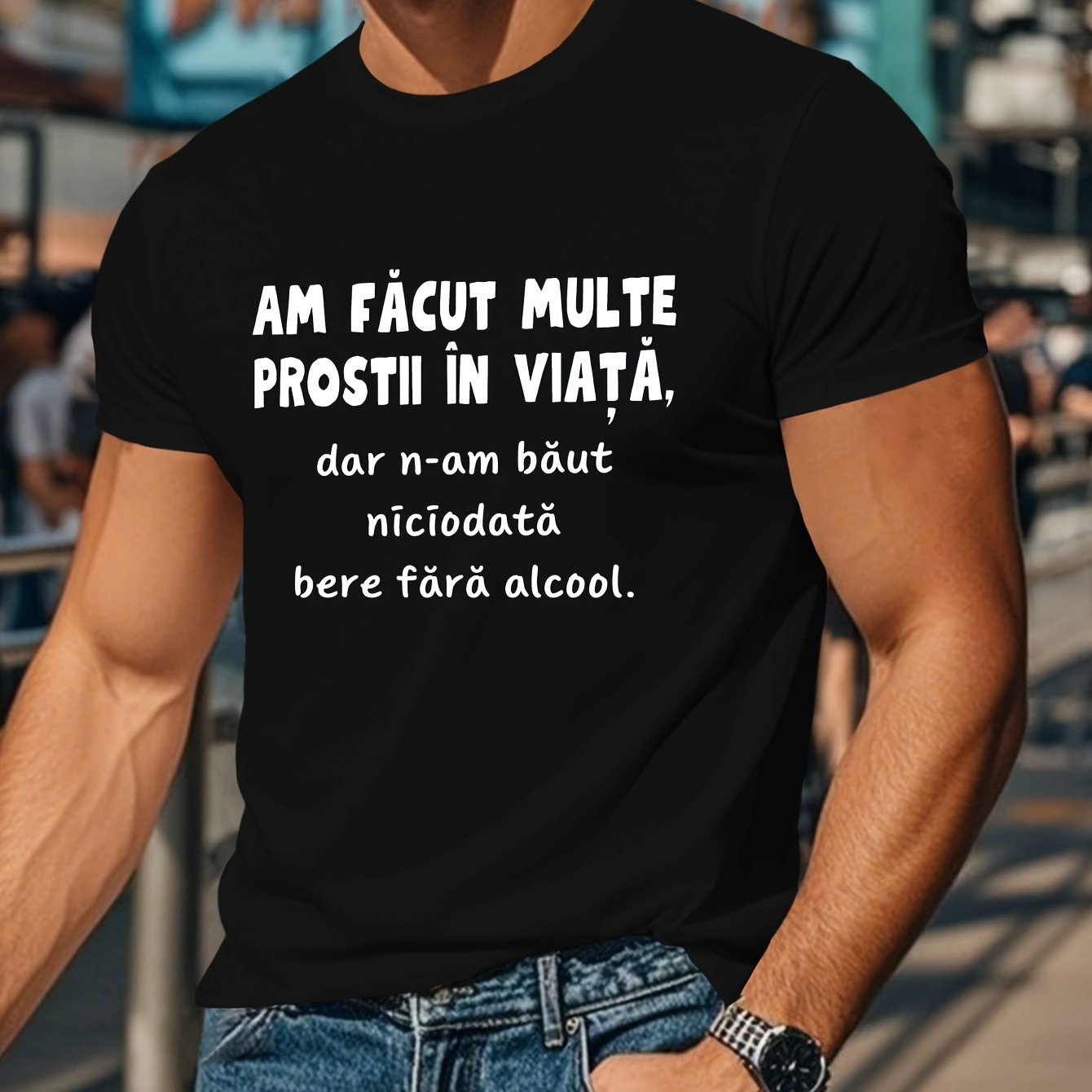 TEMU Men's Loose-fit Round-neck T-shirt, Printed With The Humorous Romanian Slogan " "- Made Of Lightweight Blend, , With Subtleeometric Patterns,
