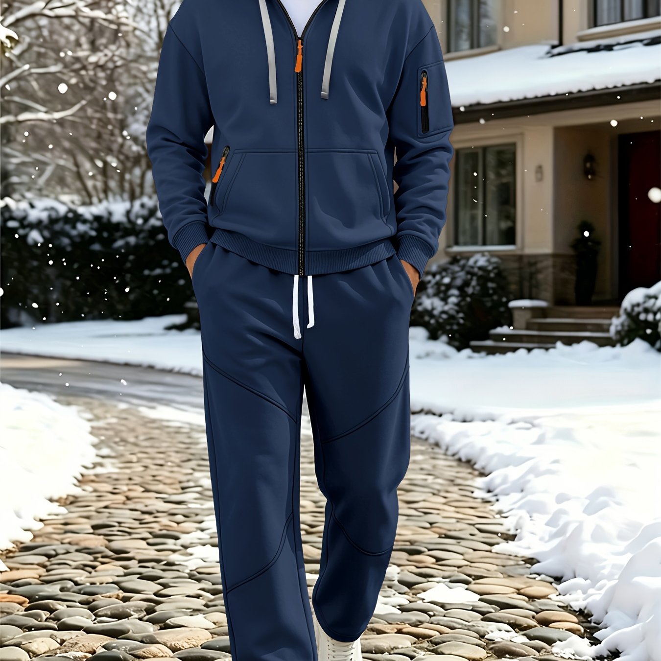TEMU Men's Autumn/winter Minimalist Sport Sweatshirt Set, Zip-up Hooded Jacket And Straight-leg Sweatpants 2pcs Casual Sportswear