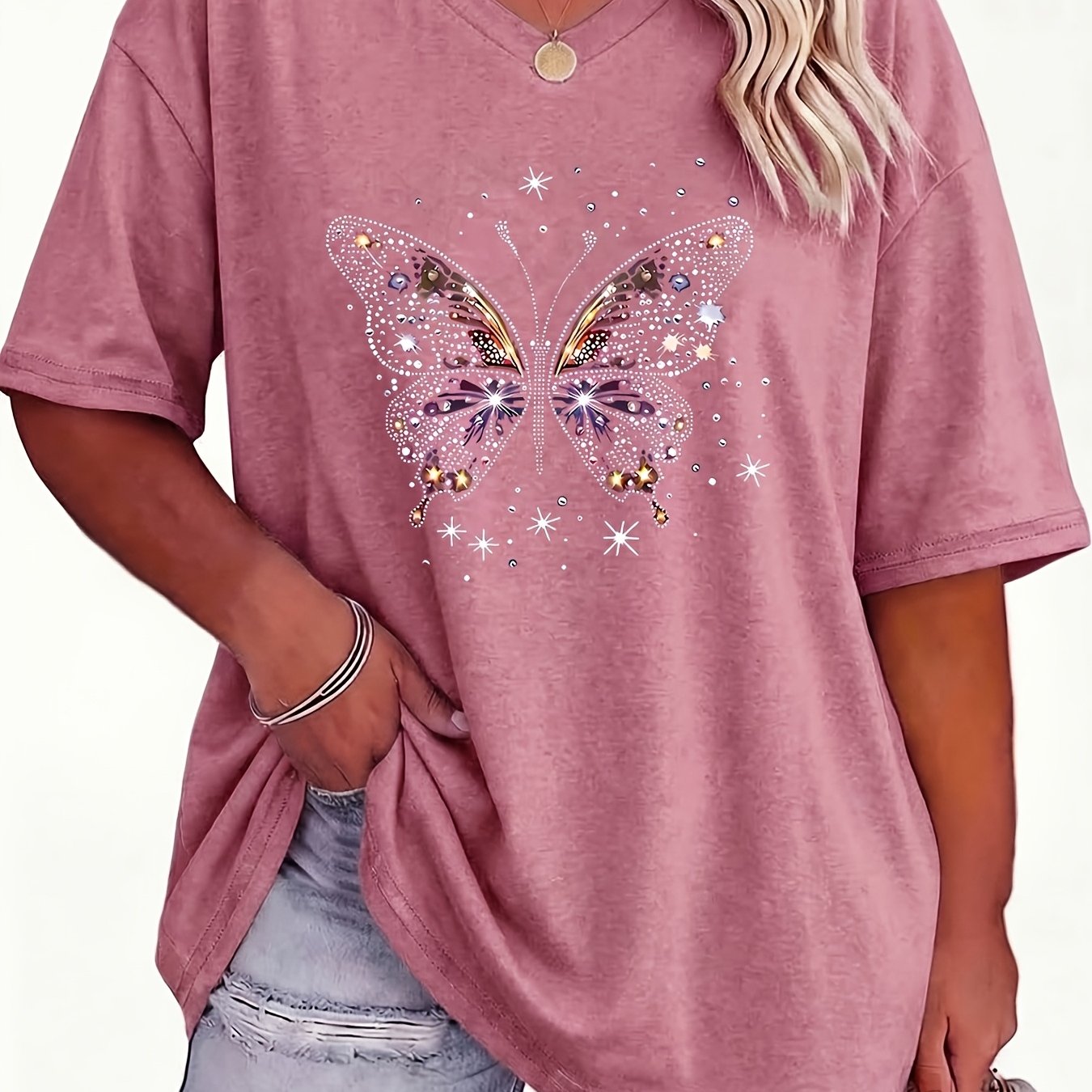 TEMU Plus Size, Plus Size Women's V-neck Solid Color Geometric Pattern T-shirt