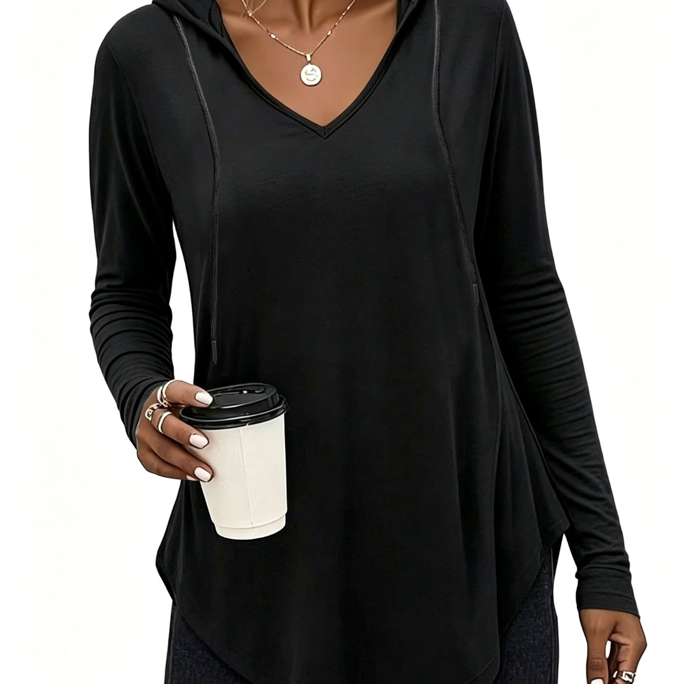 TEMU Plus Size 1xl-8xl, Women' Color Fashionable Elegant Pullover Hoodie T-shirt, Loose Fit Casual Top, Comfortable Stretch Fabric, Non-sheer