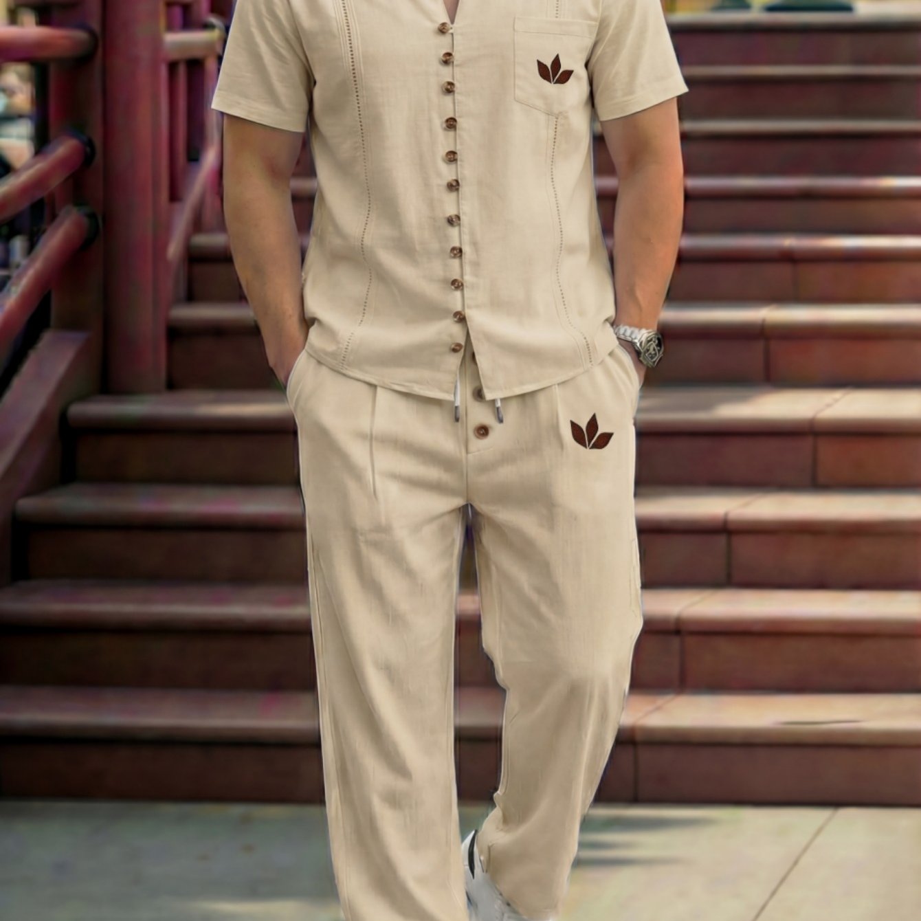 Summer Men's Fashionable Logo Casual Sport Blazer With Collar, Buttons, Lace Trim, Pocket, Linen Short-sleeved Shirt, With Pants Suit