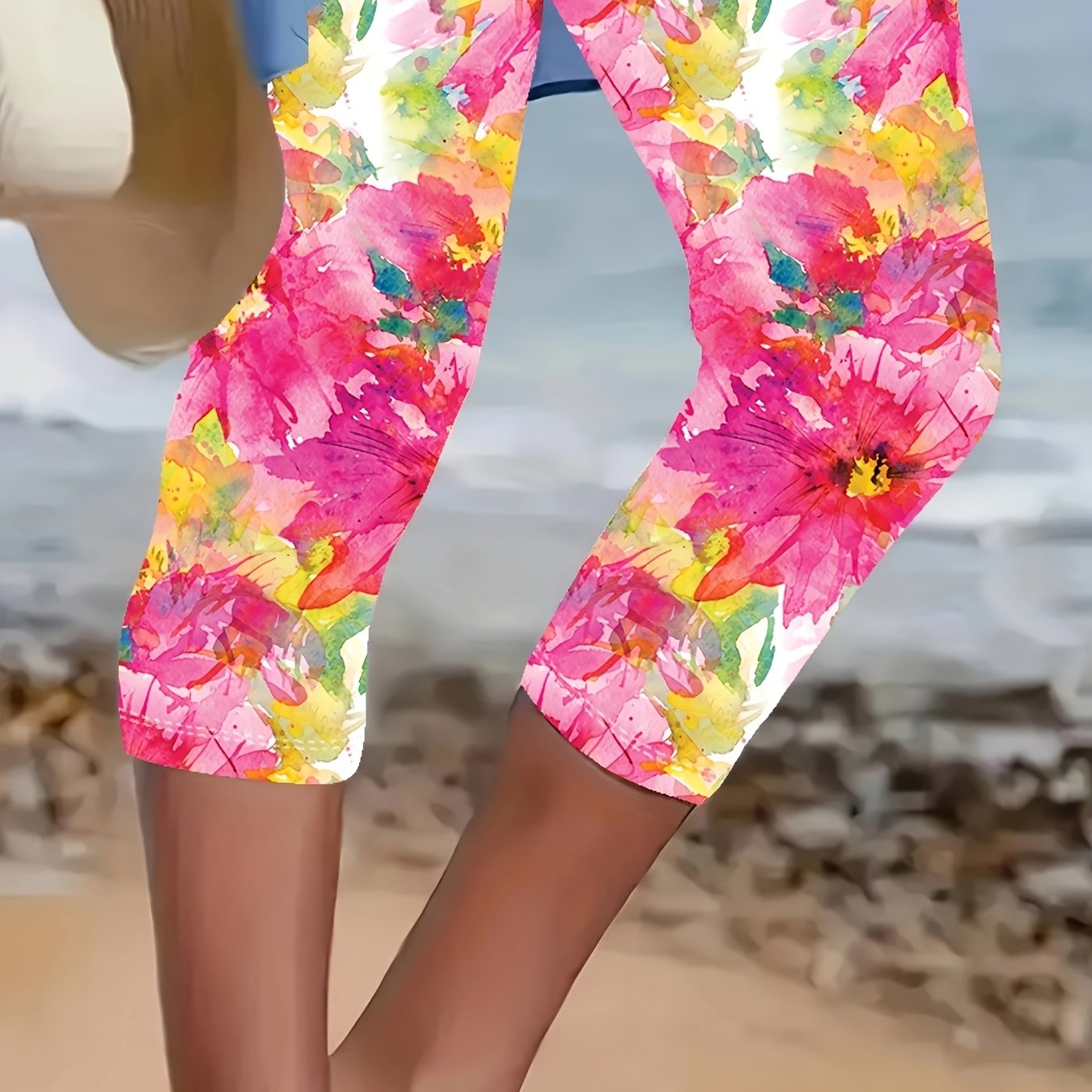 TEMU Plus Size, Floral Print Slim Fit Capri Pants, Casual Elastic Waist Capri Pants, Women's Clothing