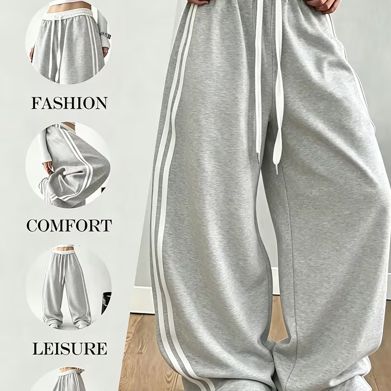 TEMU Street--block Striped Elastic Waistband Sweatpants, Loose-fitting, Figure-flattering, Drapey, And Relaxed-style Wide-leg Casual Trousers