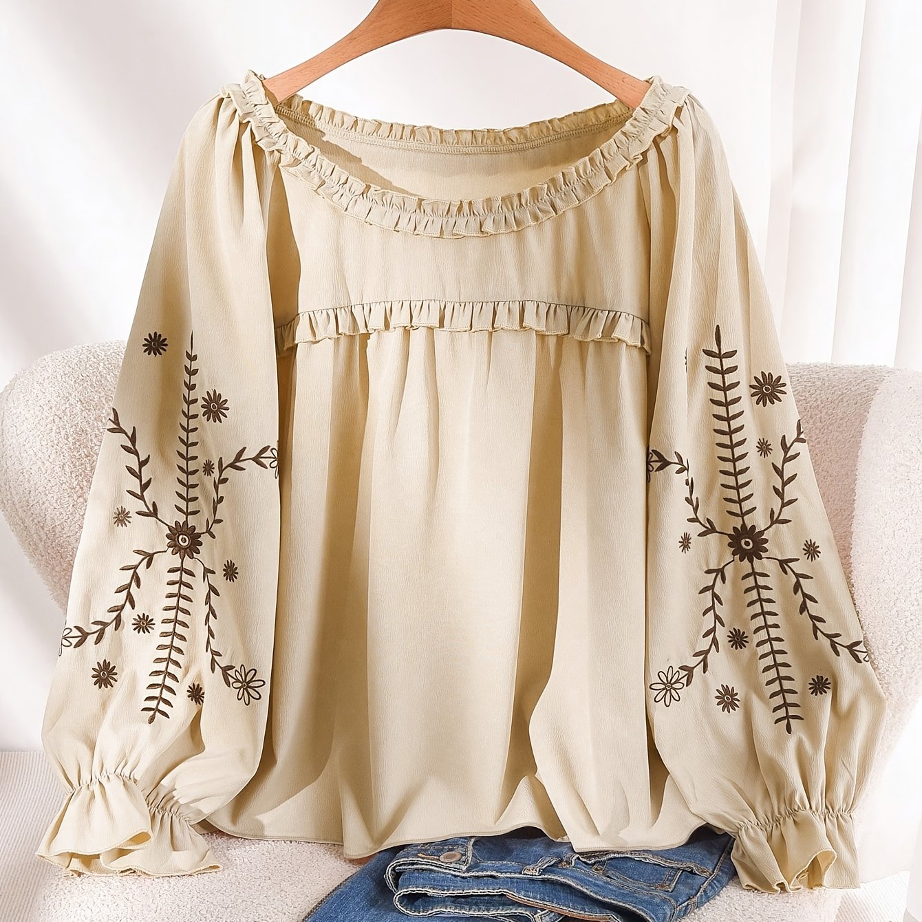 TEMU Grande Taille - Grande Taille - Grande Taille Femme Élégant Haut Couleur Unie Col Rond Manches Longues avec Broderie - Vêtement Décontracté