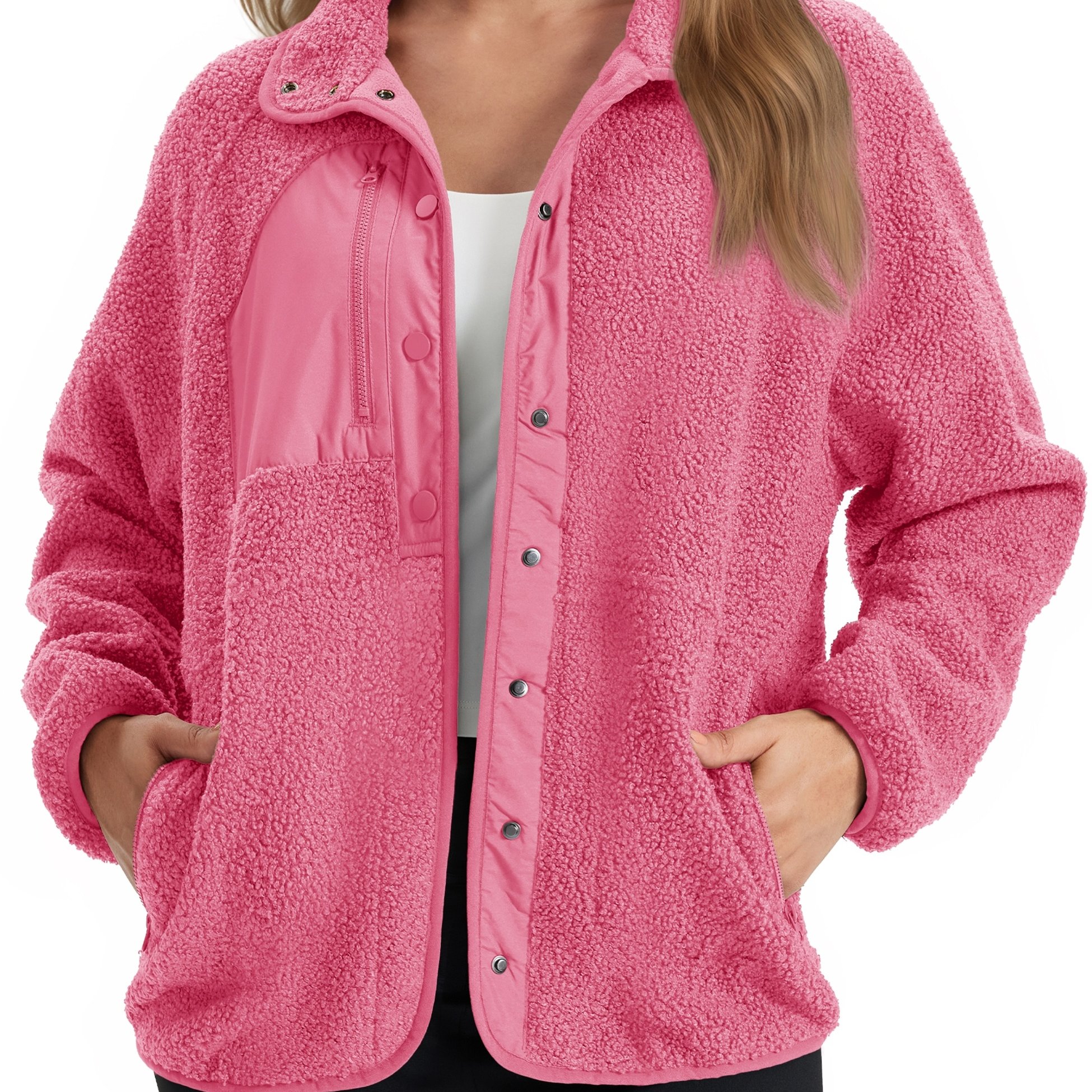 Image of [women's Fleece Jacket] Winter Fuzzy Fleece Jackets - Button, Stand Collar, 3 Zipper Pockets, Long Sleeve, Soft, Warm, Lightweight, , Casual, Work, Fall, Casual, Daily Wear,, Outdoor Sports