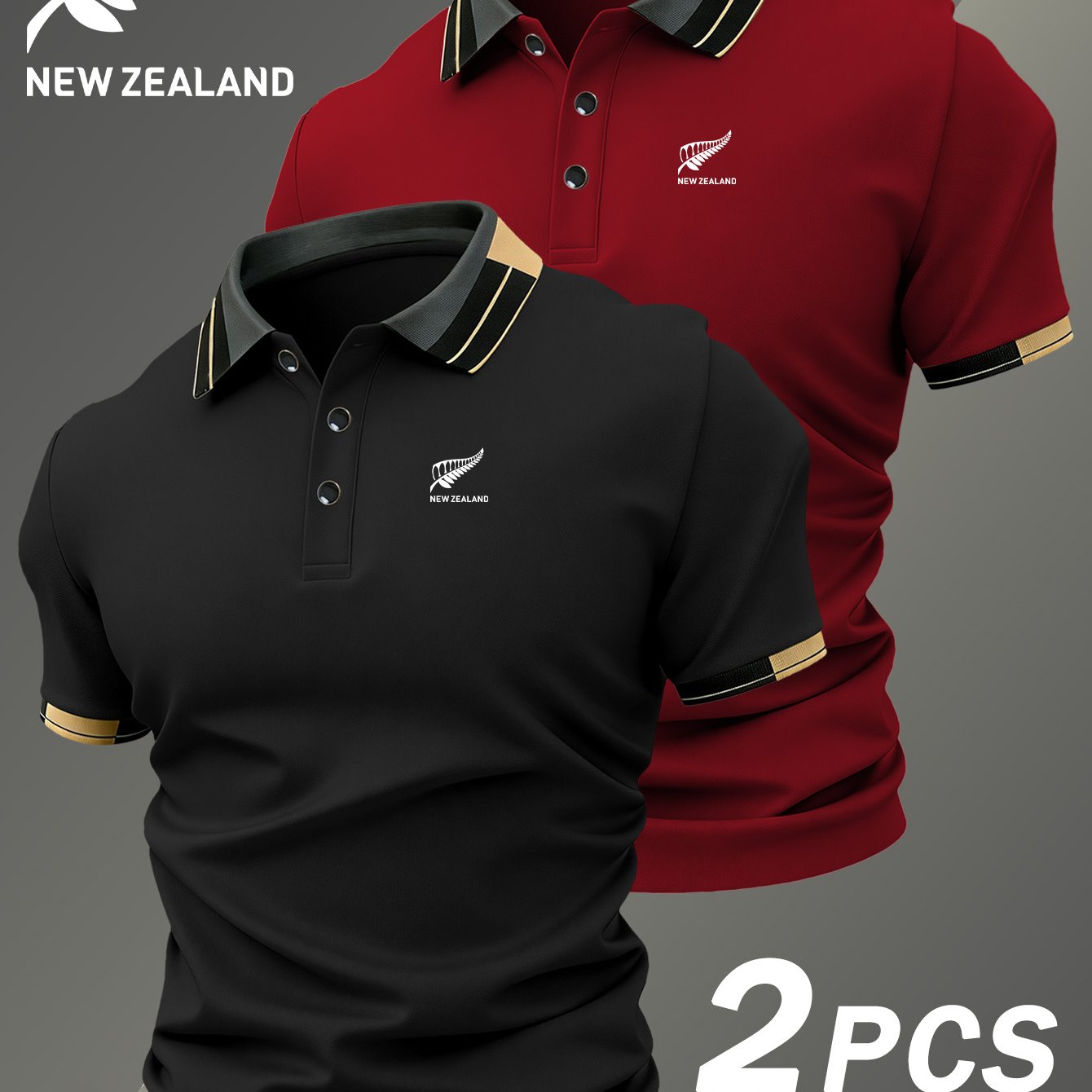 TEMU Two-pc Hh4862 New Zealand Logo Print Men's Golf Shirt, Versatile For Business Casual And Multiple Occasions, Suitable For Spring/autumn