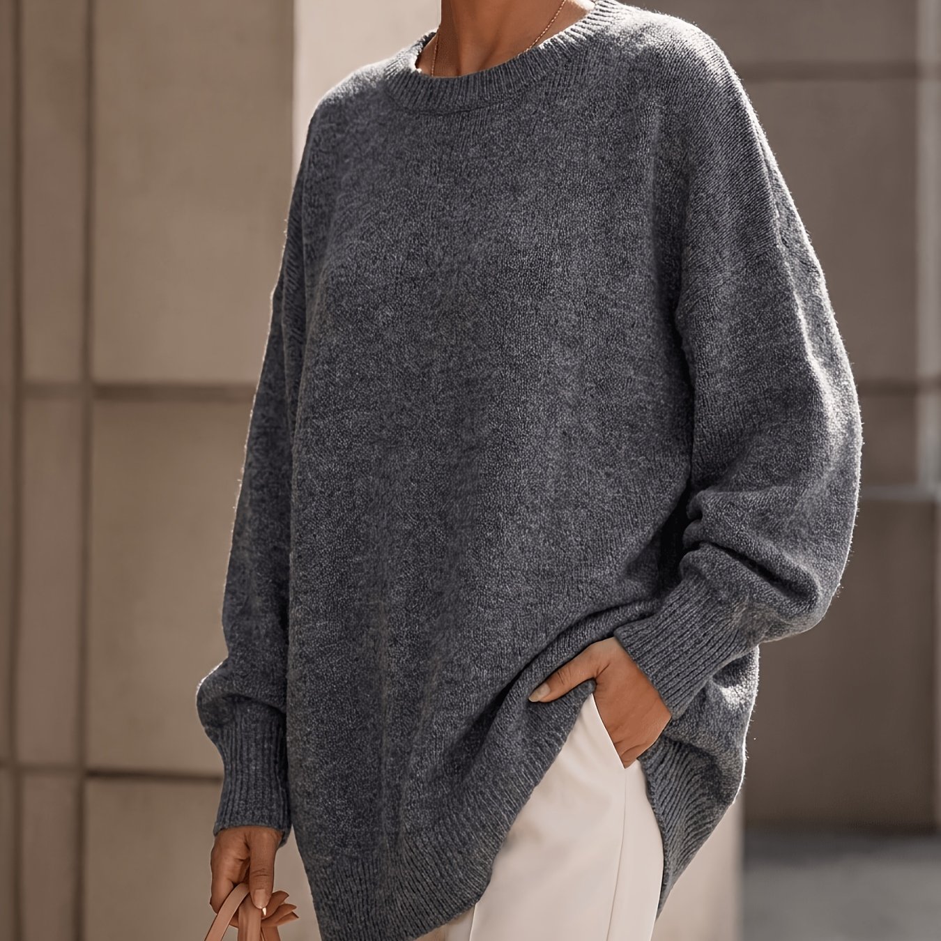 TEMU Plus Size - French Relaxed Silhouette Top, Irregular Sloped Hem Loose Lantern Sleeve Sweater, Gentle Temperament Loose, Urban