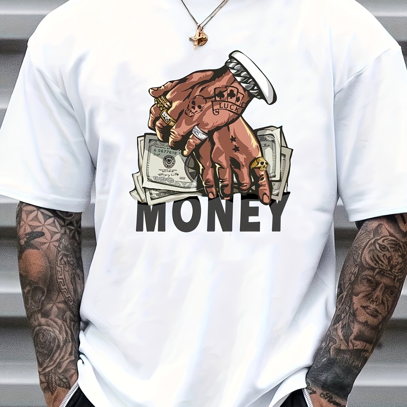 TEMU Cartoon Money & Hands Print, Men's Graphic Design Crew Neck T-shirt, Casual Comfy Tees Tshirts For Summer, Men's Clothing Tops For Daily Vacation Resorts