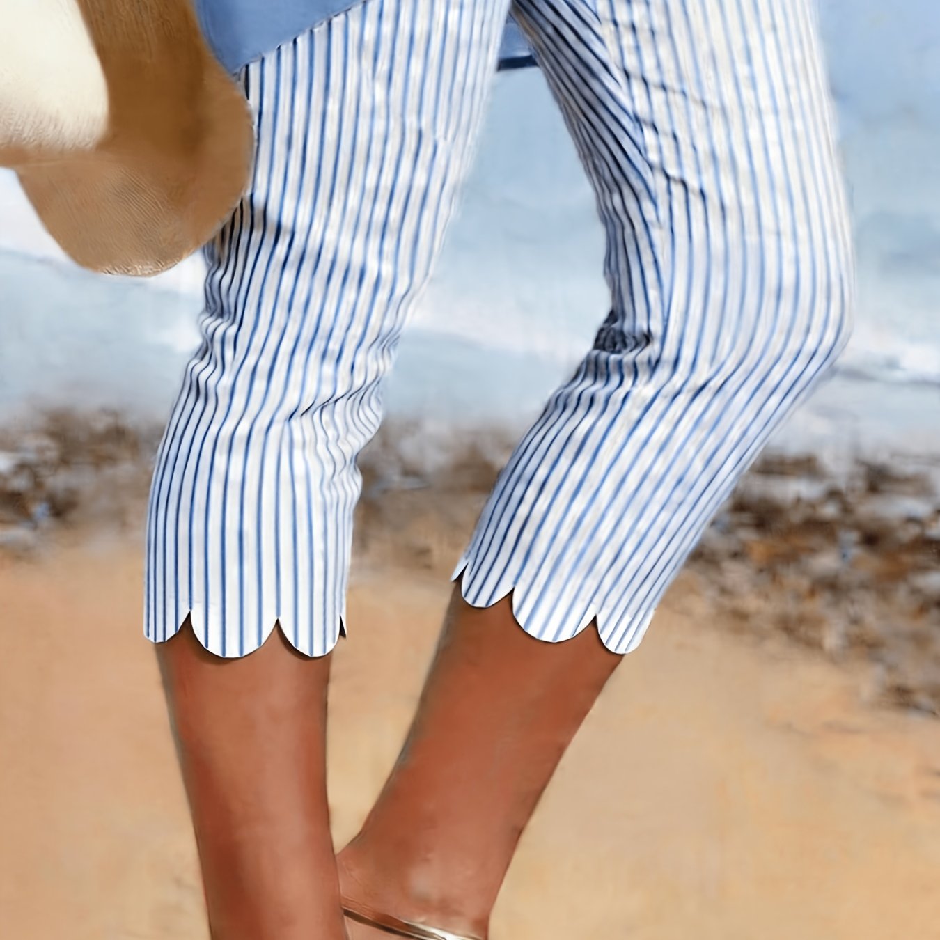 TEMU Women's Vertical Stripe Print Skinny Capri Pants With Wavy Hem, Fashionable And Casual, For Daily Commuting And , Elegant Solid Color, Suitable