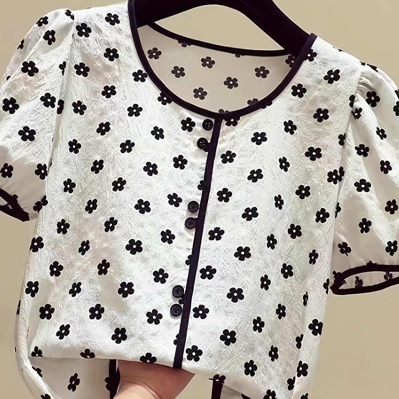 TEMU Floral Print Contrast Trim Blouse, Elegant Crew Neck Button Front Short Sleeve Blouse For Spring & Summer, Women's Clothing