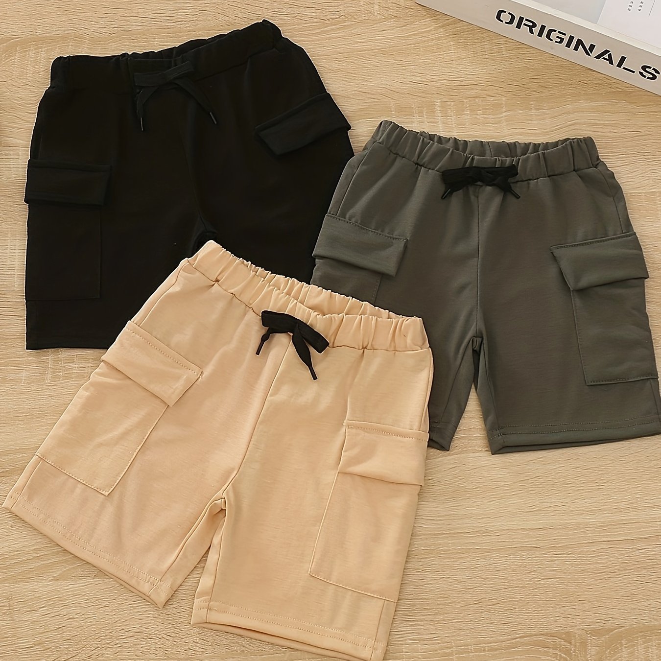3-pack Unisex Casual Cargo Shorts, 95% Polyester 5% Elastane, Solid Color, Regular Fit With Fake Drawstring, Summer Woven Fabric, Stretch, Non- - Black, Beige, Olive Green, For Outdoor