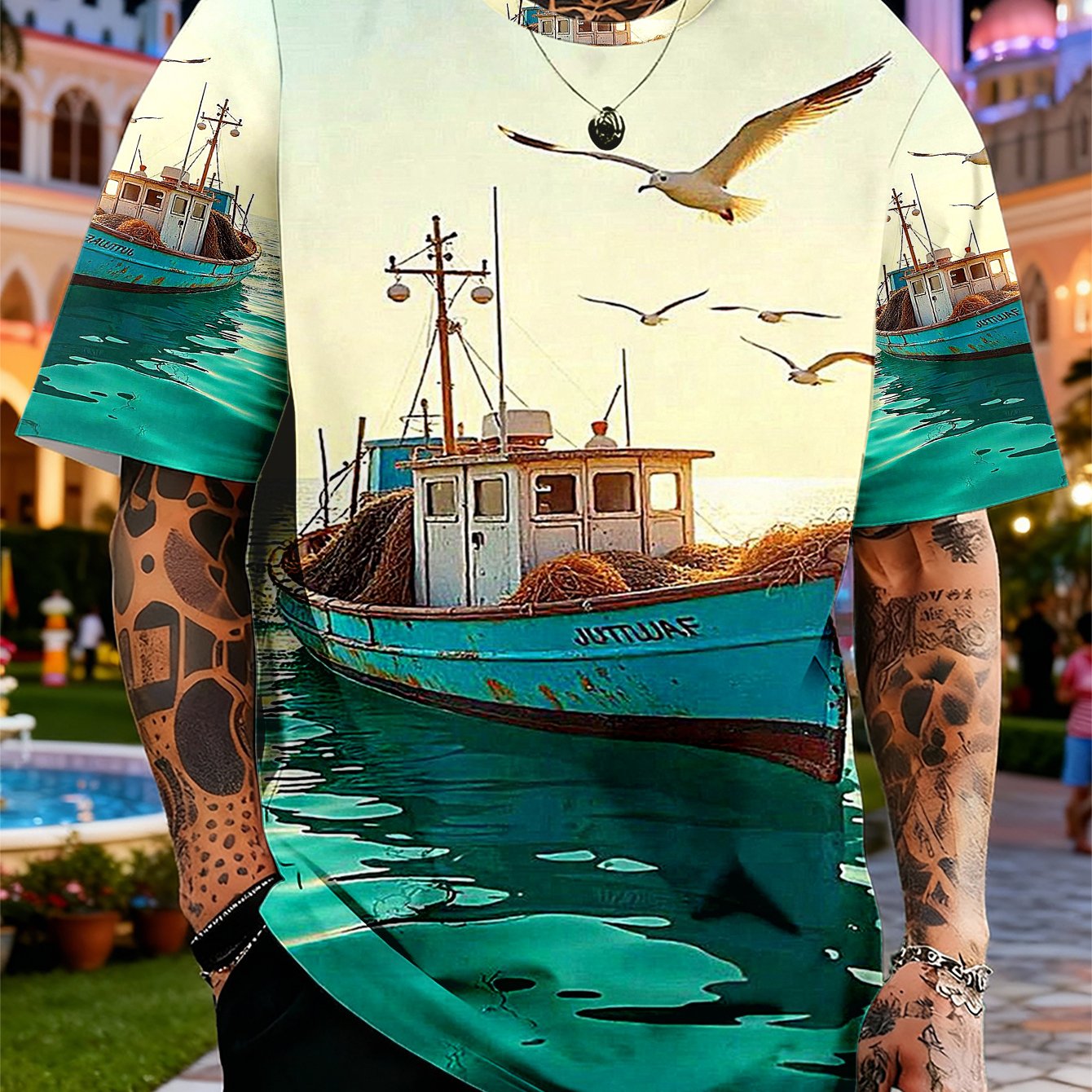 TEMU 1pc Fishing Boat & Seagull Nautical T-shirt - Breathable Soft Short-sleeve Crew Neck Tee With Sunrise Print, Casual Wear Suitable For Daily
