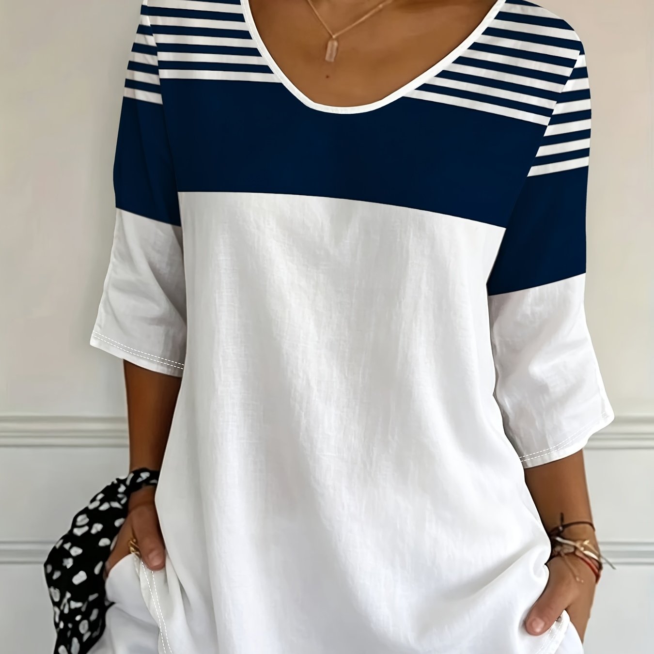 TEMU Plus Size, [ Esign-not Texture] 2026 New Summer Basic V-neck Three-quarter Sleeve T-shirt Versatile Top New European And American Women'-quarter
