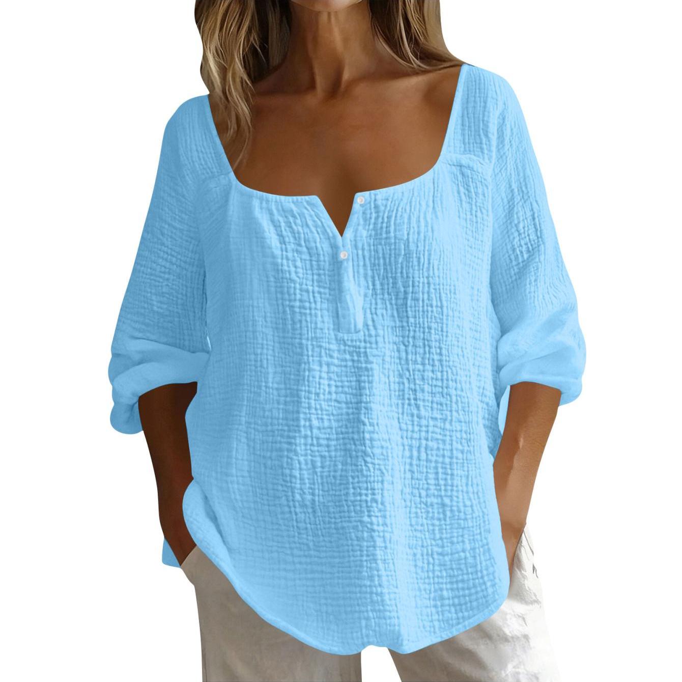 Image of Soft Breathable Minimalist Wrinkle Women's Fashion Casual T-shirt, Solid Color Long-sleeve Square Neck Button-up Collar Classic Loose Pullover Tops Suitable For Work Vacation