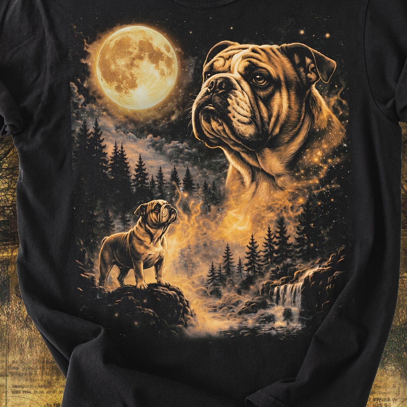 Image of English Bulldog At Moon T-shirt - Retro Bulldog Print Short Sleeve Crew Neck Tee, Oversized Streetwear Fit Suitable For Wear, Gift For Bulldog Owners & Casual Apparel