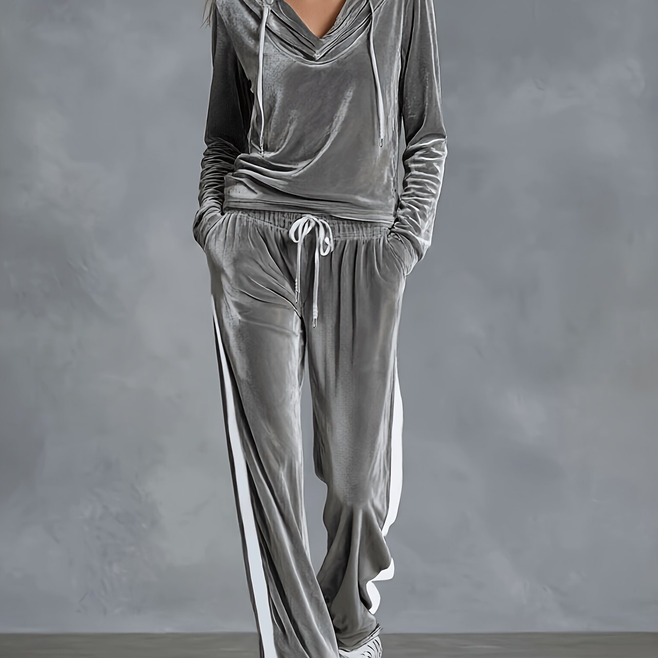 TEMU Solid Color V-neck Velvet Long Sleeve Casual Hooded Top And Long Pants Two-piece Set