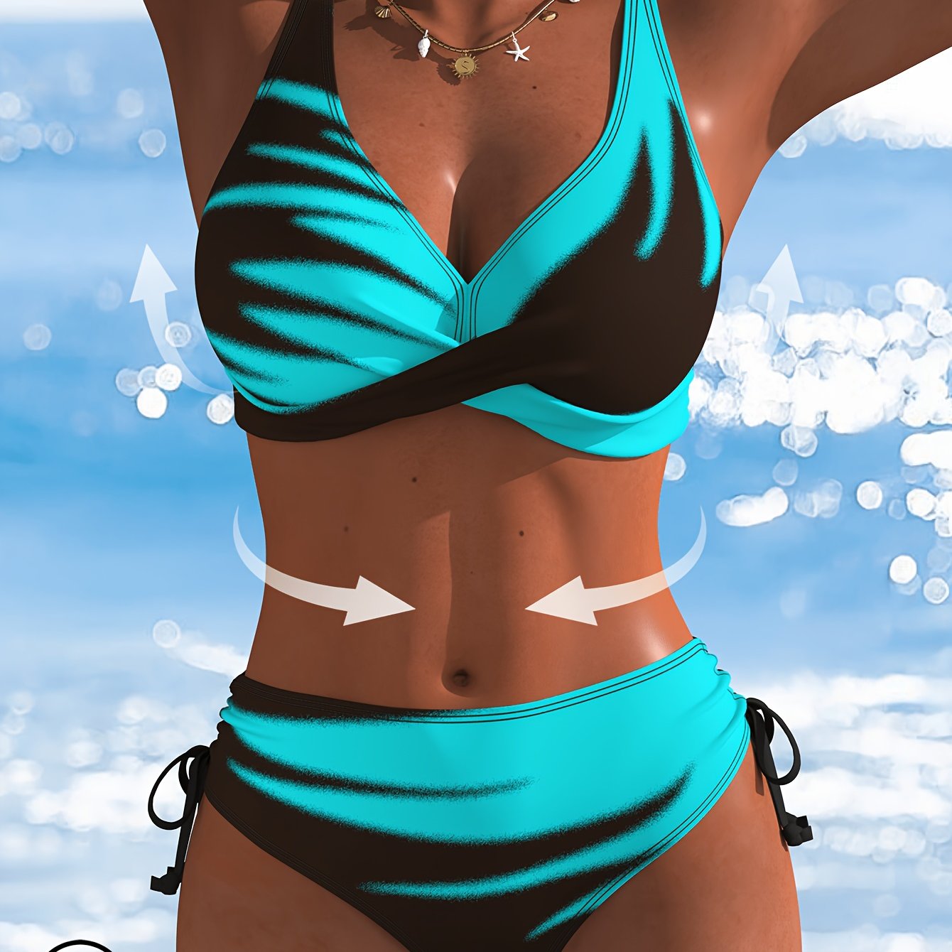 Women's Lake Blue Sexy Printed Bikini 2pcs Set, Suitable For Beach Vacations