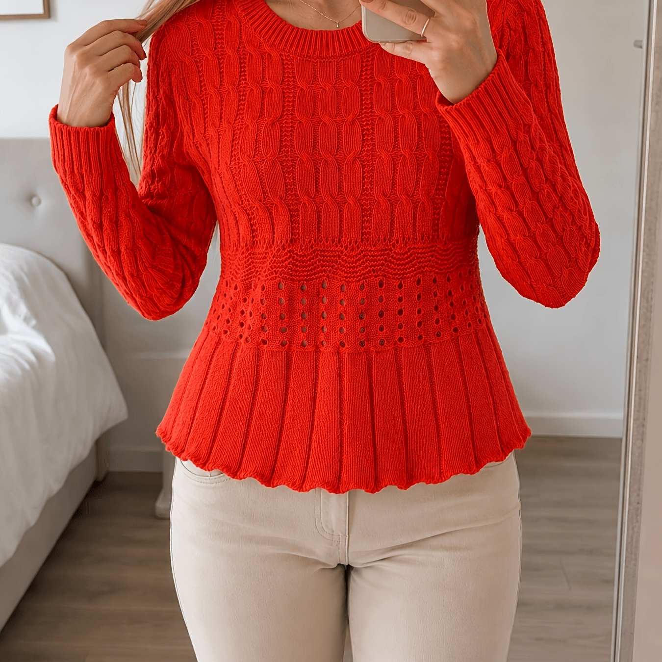TEMU Women's Round Neck Hollow Out Sweater, Fall Winter New Cable Long Sleeve Top, Waist-cinching Scalloped Hem Pullover Sweater, Casual Versatile