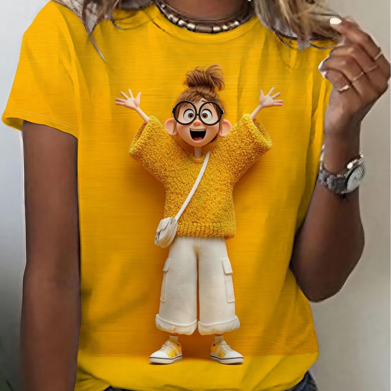 TEMU New! Trendy Cartoon Print T-shirt That Highlights Women's Figure, Vibrant Yellow Top, Casual T-shirt, Round Neck Short Sleeve [printed Design -