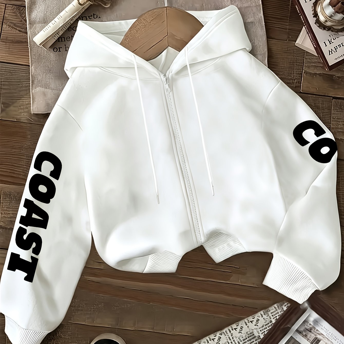 TEMU Нова коротка толстовка з капюшоном на осінь, Letter Print, сексуальна гарна всепогодна куртка на блискавці, коротка толстовка з капюшоном на