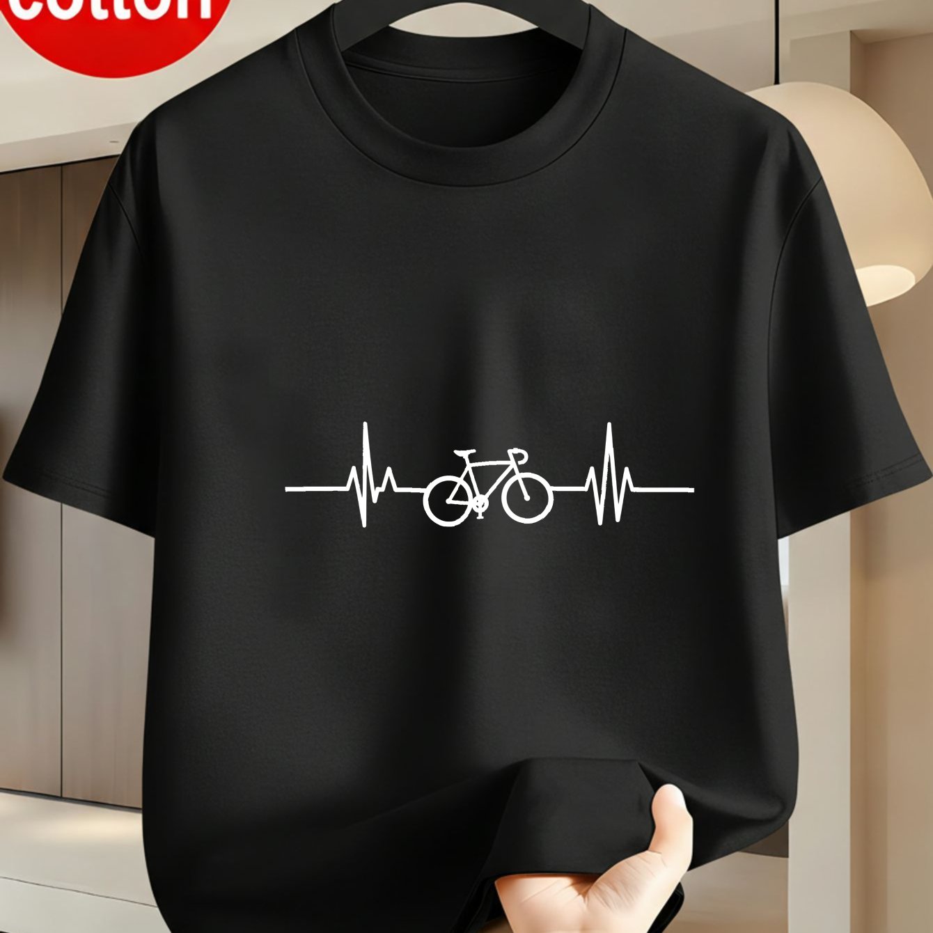Image of Men's Casual Bicycle Heartbeat Graphic Tee, White Minimalist Line Art Soft Daily Wear Cycling Enthusiast Men's T-shirt