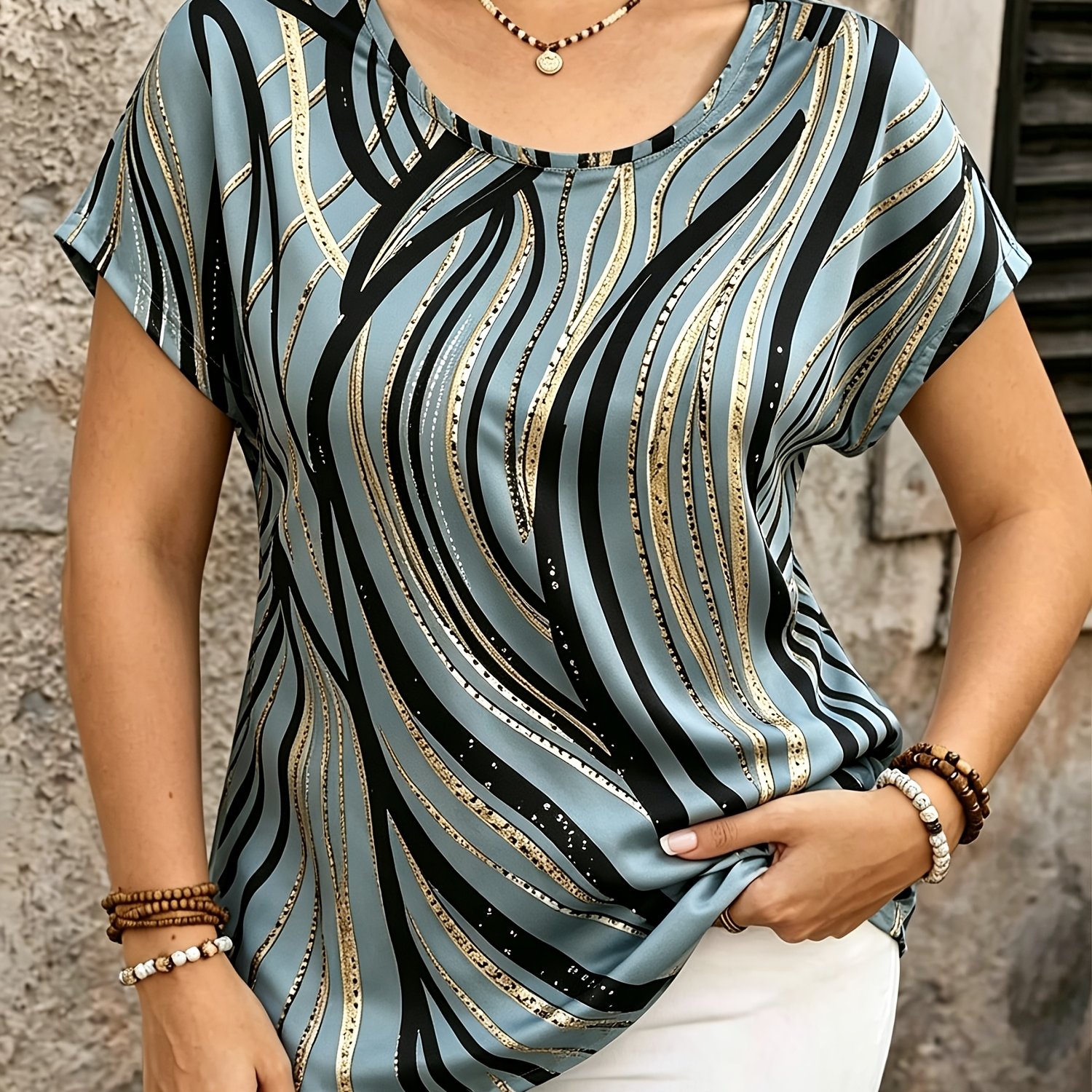 TEMU Plus Size, Plus-size Women' Simple And Stylish Printed Casual Short-sleeve Shirt Top