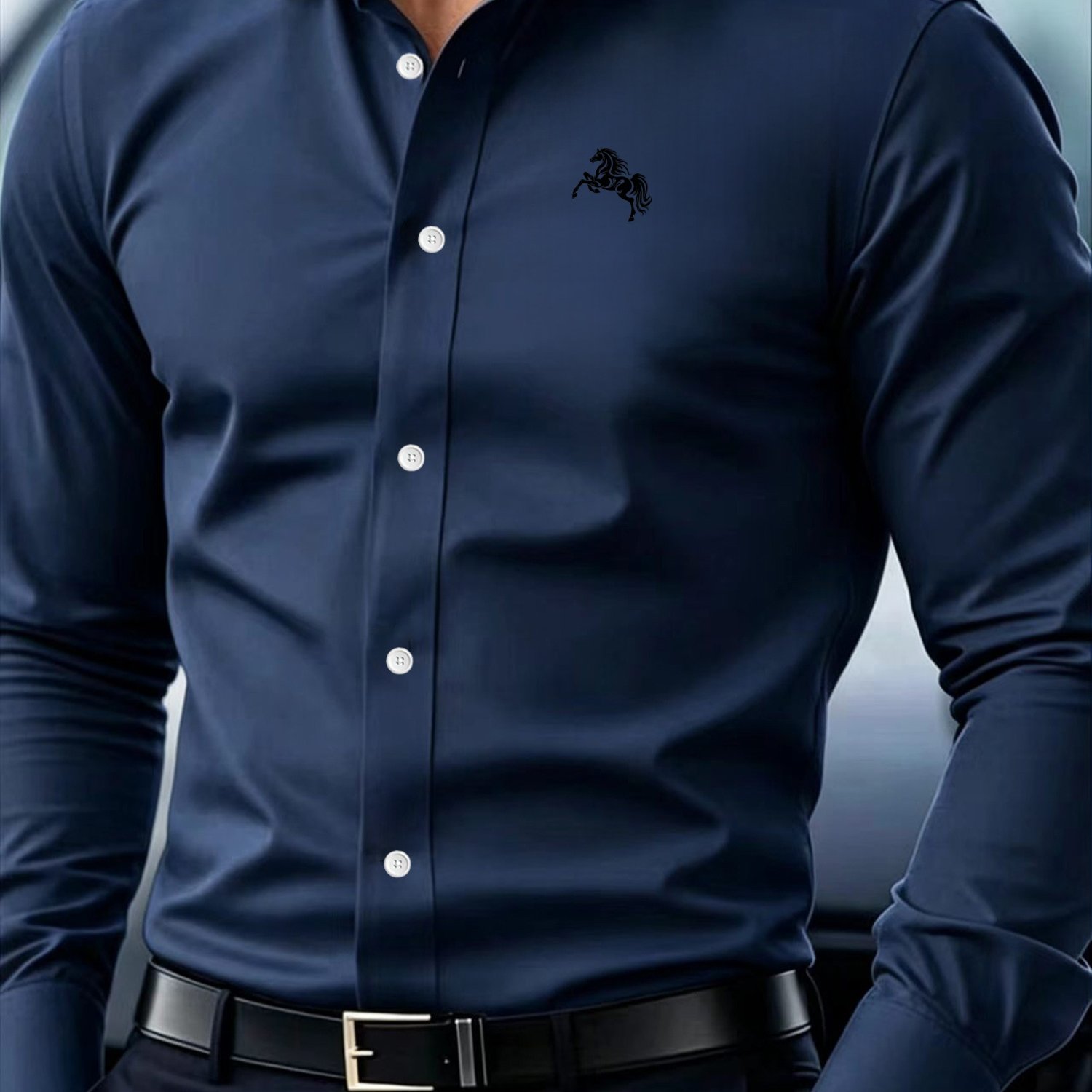 TEMU Light Luxury Horse Print Men's Long Sleeve Shirt, Men's Business Formal Shirt, Mid-age Commuter Versatile Print Top