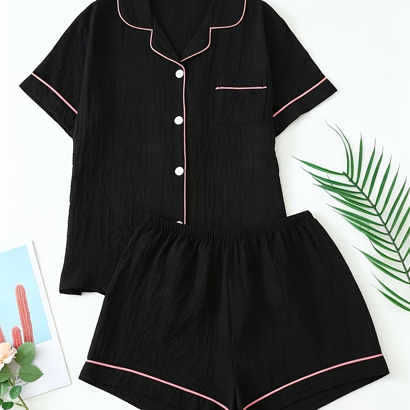 TEMU Pyjama d'été pour femmes, manches courtes et pantalon, ensemble décontracté et confortable