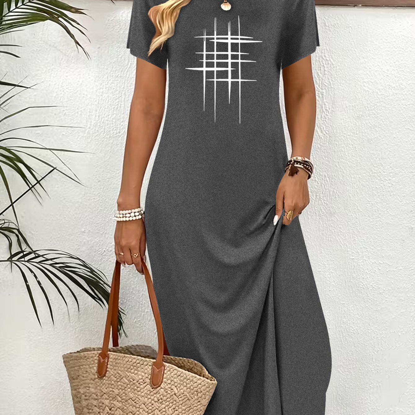 TEMU Summer Women's Fashion Dresses, Pattern Print Round Neck Short Sleeve Leisure Dresses, Seaside Vacation Dresses, Elegant Style Long Dresses,