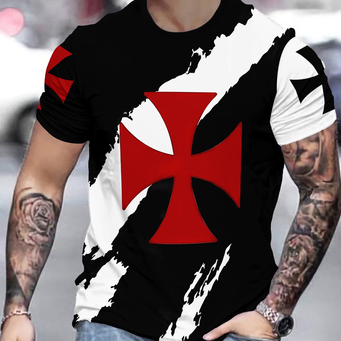 TEMU Black White Red Vintage T-shirt, Men's Casual Short Sleeve Top