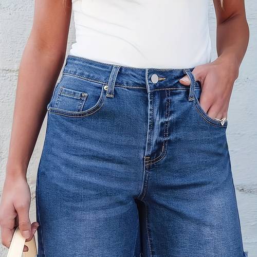 womens retro street style high waisted denim shorts thigh length with frayed hem deep pockets denim fabric for spring summer casual wear summer clothing