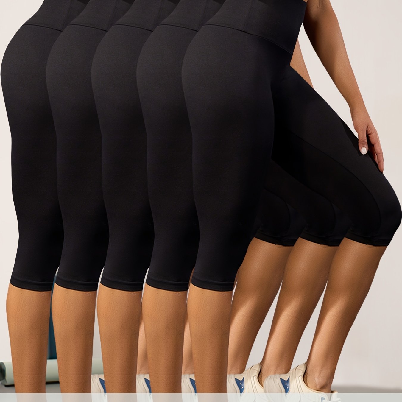 Image of 5 Pack Women's High Waisted 5" Capri Pants - Tummy Control Workout Leggings, No Full Coverage Athletic Short Pants, Solid Color Gym Running Yoga Pants (spring Summer Fall) | Non- & Tummy Smoothing)