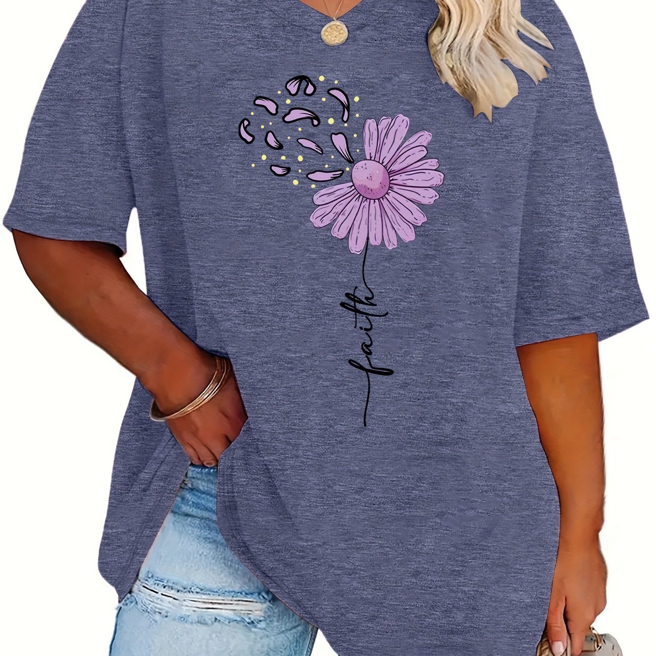 E-shop Plus Size - Plus Size - Frühling Sommer Neues Plus Size Damenmode Lila Blütenblatt-Print Lockerer Drop Shoulder Kurzarmshirt Hochwertiges