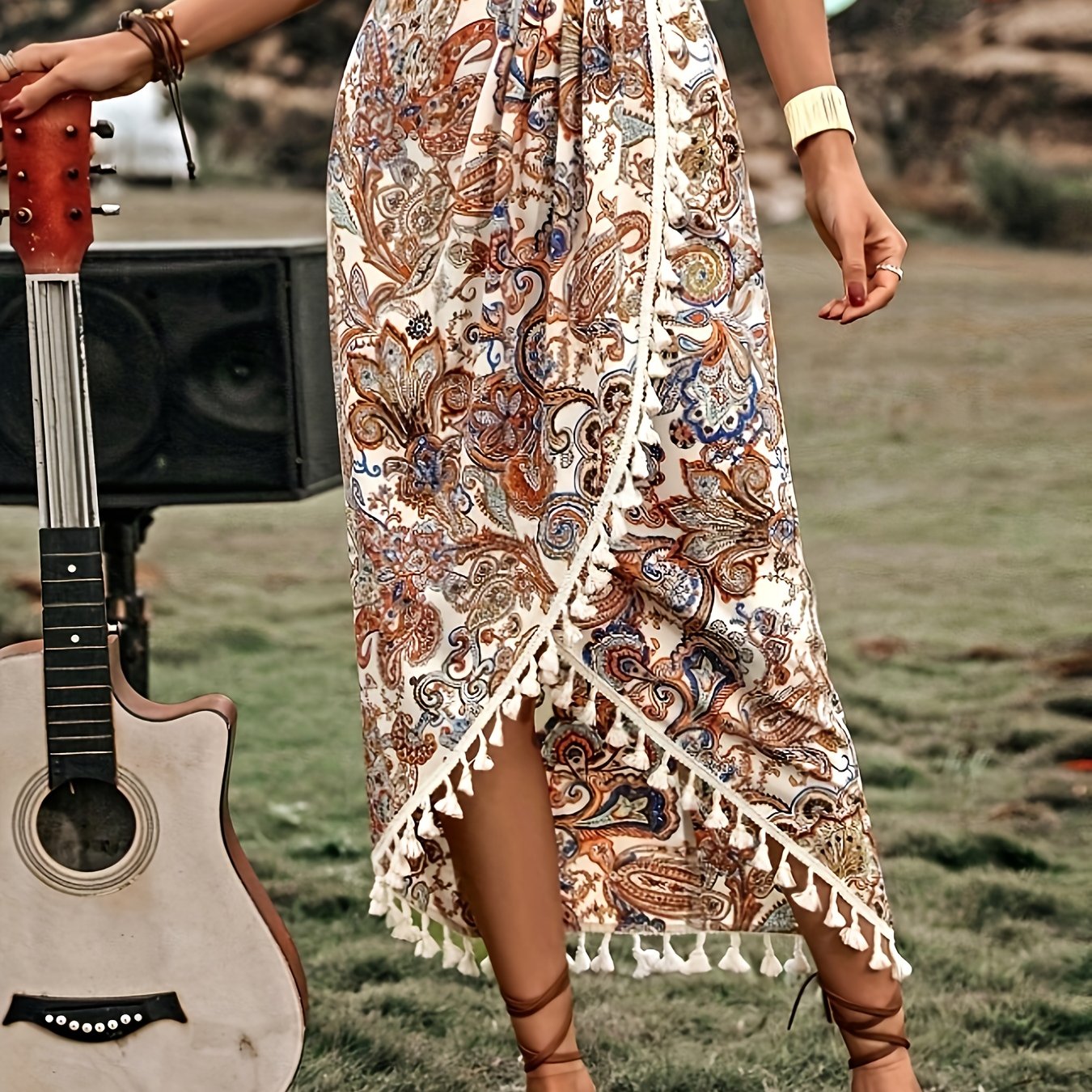 TEMU Paisley Print Fringe Hem Wrap Dress, Women's Vacation Beachwear