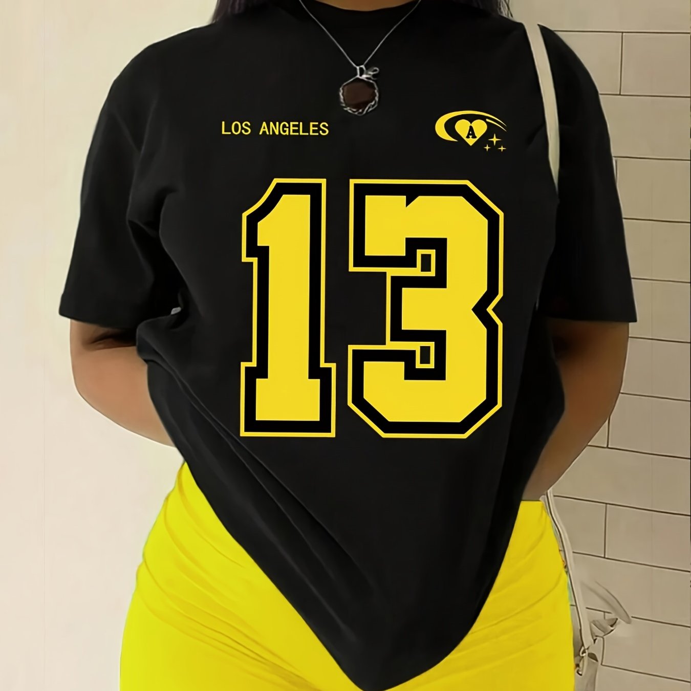 TEMU Plus Size - Plus Size - Plus Size, Women's Clothing, Stylish With Yellow Accents Features 'los Angeles' Text Yellow Number '13' With Black