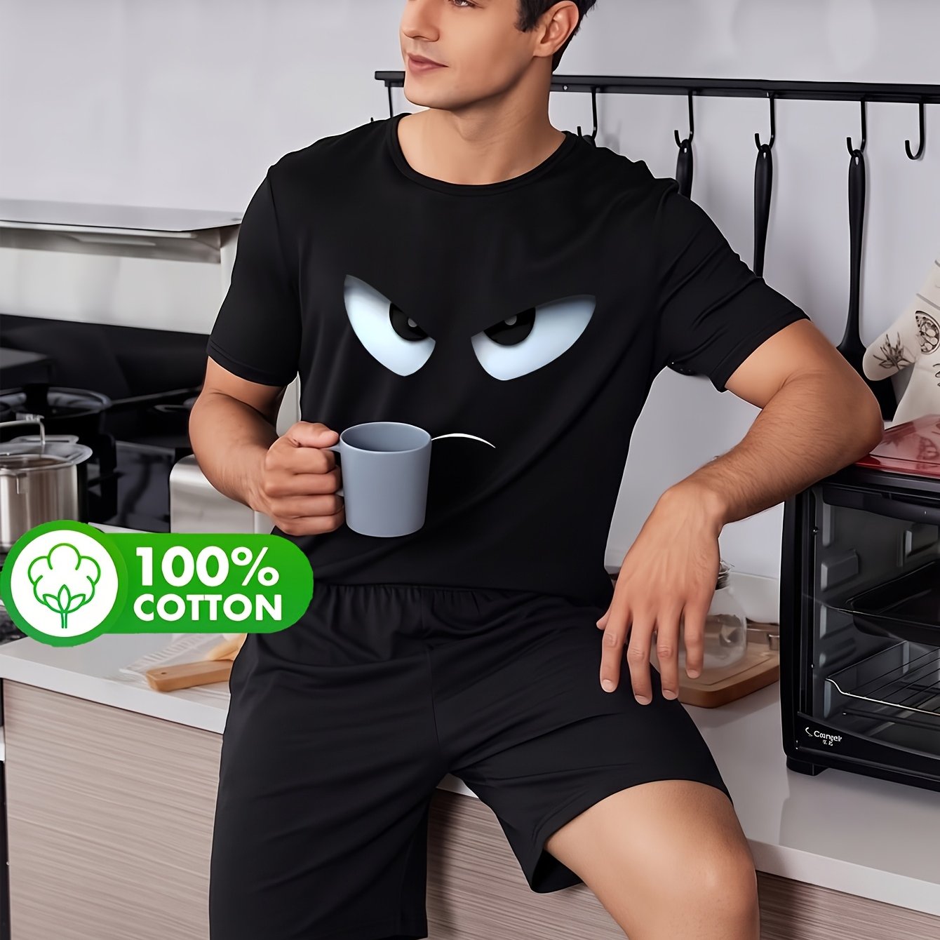 Image of Men's 100% Cotton Pajamas, Spring/summer Short Sleeve And Shorts Set, Fashionable Geometric Pattern Loungewear