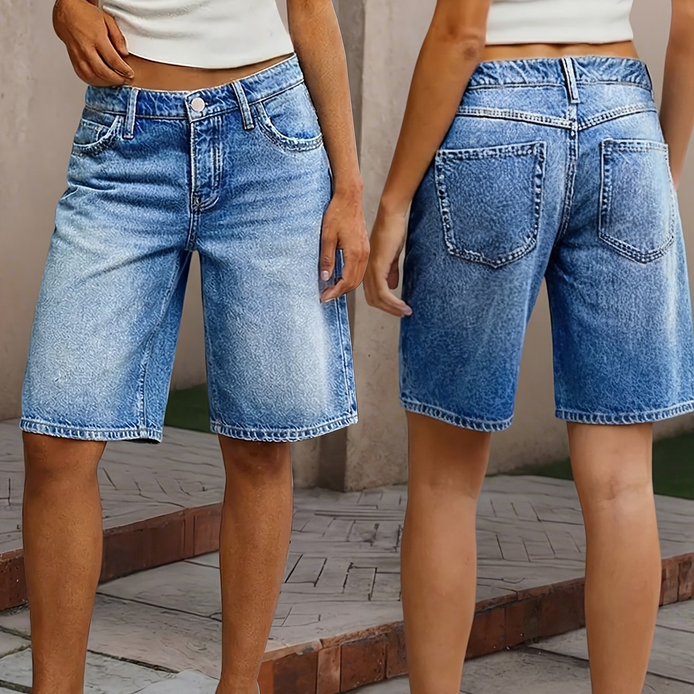 Image of [2026ss] /summer Stretch Fashion Capri Pants, Elegant Casual Denim Shorts, 90s-inspired Bermuda Women's Clothing, Versatile Classic Office Wear, Blue Washed Denim Pants