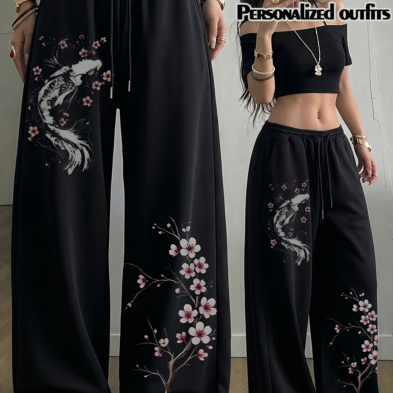 TEMU Women's Koi Fish & Plum Print Straight Leg Pants - Elastic Drawstring Waist Trousers, Non- Casual Wear Suitable For , Machine Washable Straight