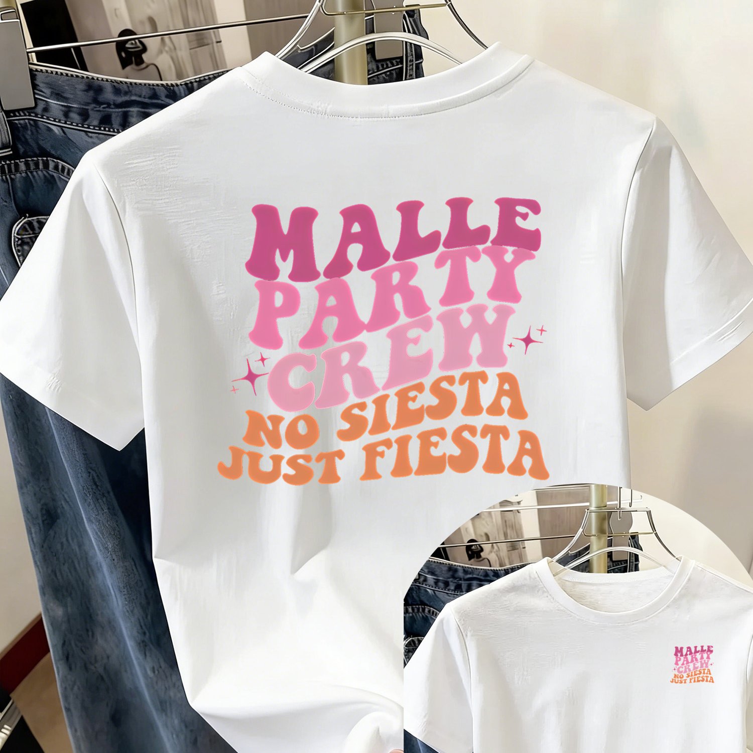 E-shop Damen T-Shirt mit Schriftzug „MALLE NO JUST “ für Insel-Karneval-Party, Lässiges Kurzarm-Top mit Rundhalsausschnitt, Bequemes T-Shirt mit