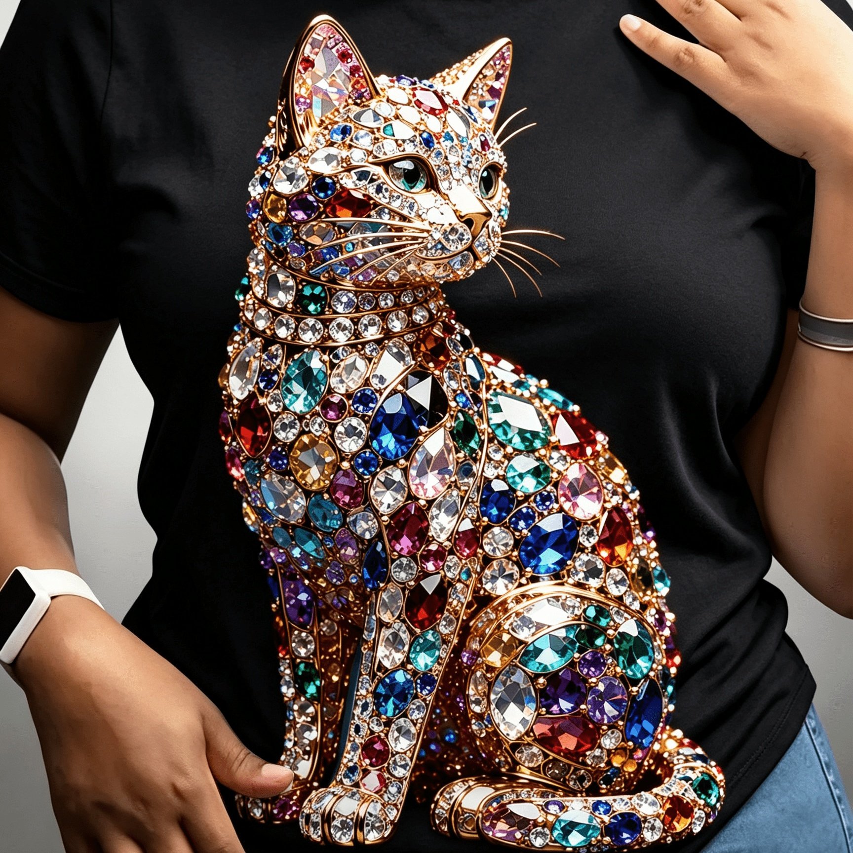 TEMU Plus Size Women's Black Short Sleeve T-shirt With Colorful Gemstone Cat Print, Ornate Jewelry-effect Crew Neck Top, Gift For Cat Lovers, Print
