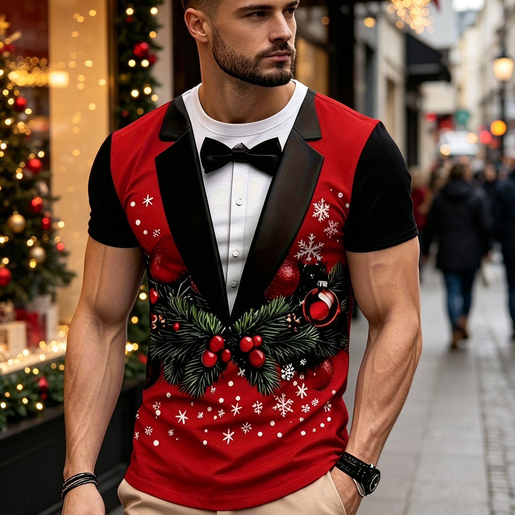TEMU [printed Design - Not Textured] Men's Printed Short-sleeve T-shirt, Versatile Crew Neck Tee With Suit And Tie Pattern Print, Christmas Themed