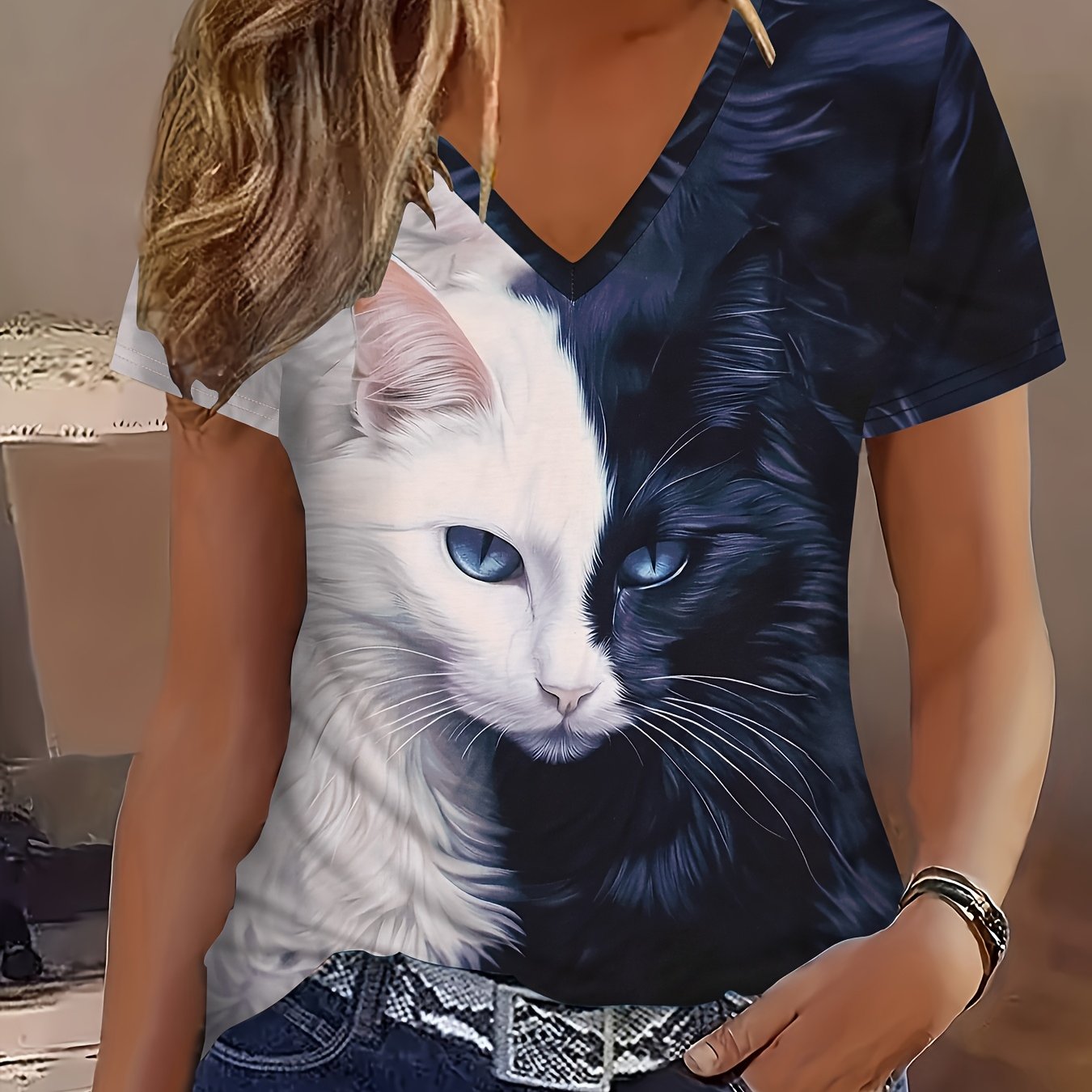Image of 2d Vacation Abstract Painting Gradient Cat Graphic Print Breathable V-neck Short Sleeve T-shirt Casual Shirt Summer New Women's Short Sleeve Top