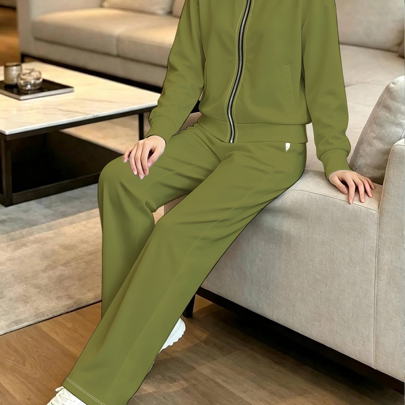 TEMU Women's Fashion Jacket And Long Pants Set, Autumn Winter Long Sleeve Casual Premium Stylish Zippered Jacket And Long Pants Set