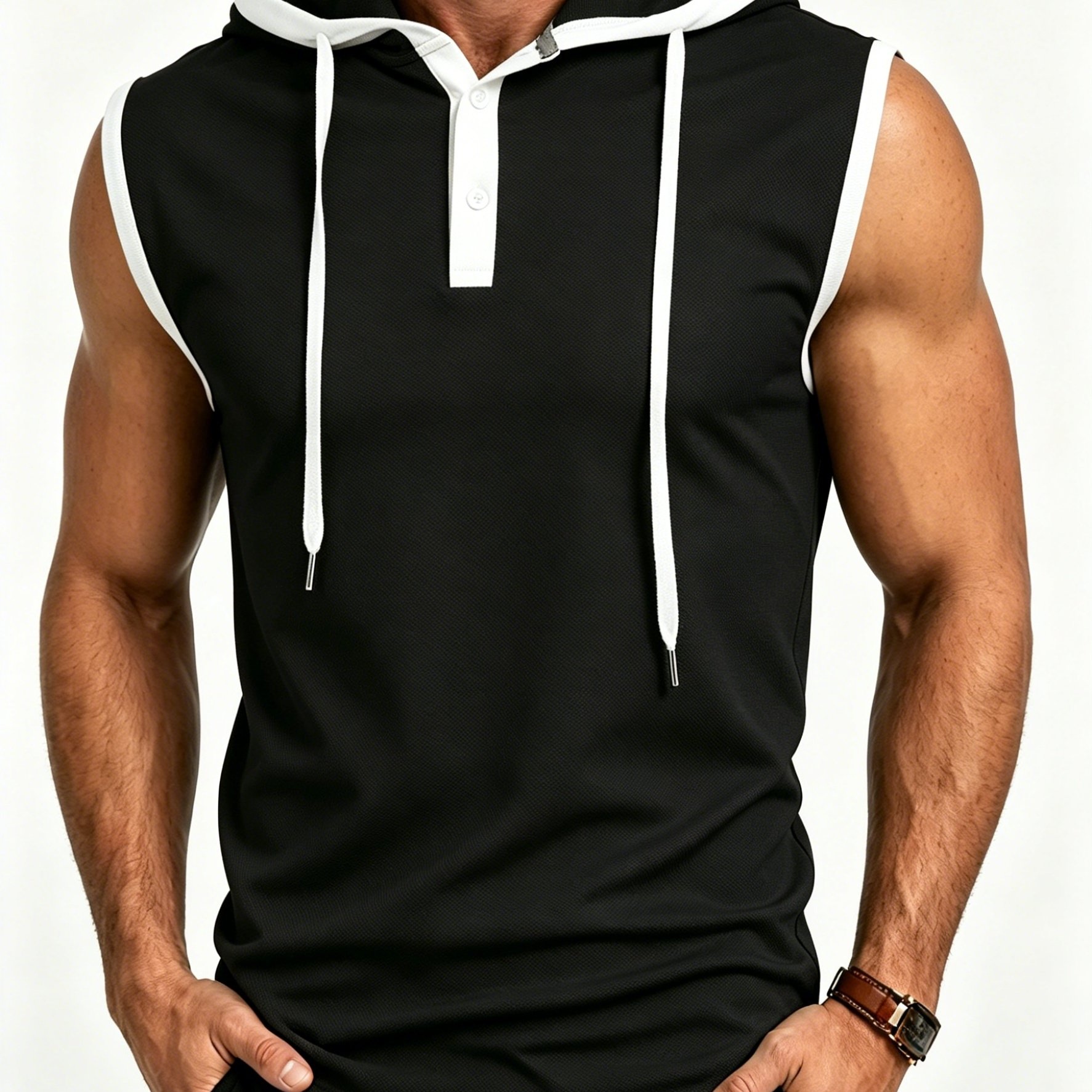 TEMU Men's Sleeveless Hooded Henley Shirt, Contrast Trim Waffle Knit Tank Top With Drawstring Hood, Breathable Casual Athletic Top For Gym, Beach &